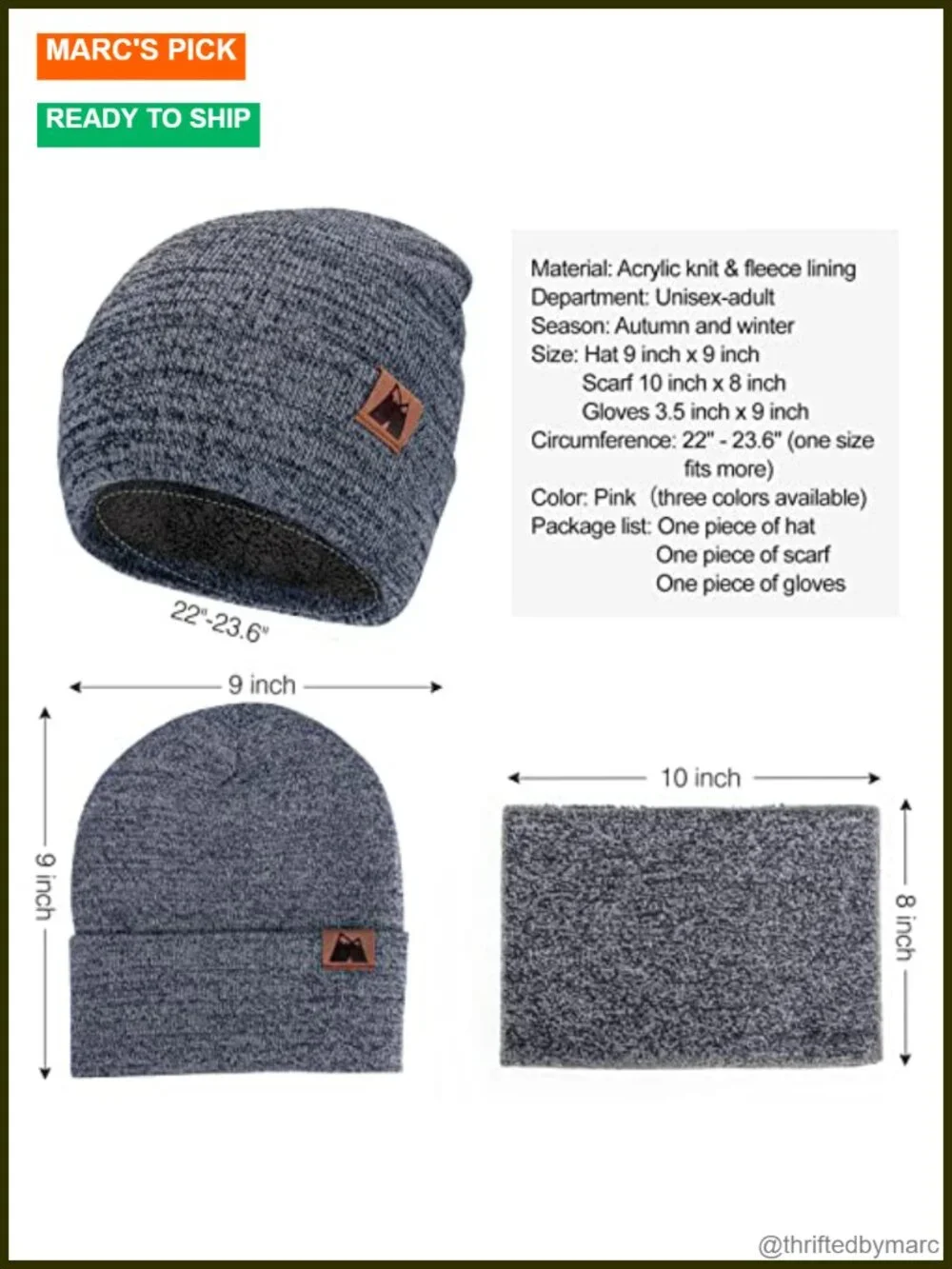 Winter Beanie Hat Scarf and Touch Screen Gloves 3-Piece Set Fleece Lined Unisex